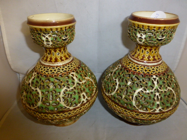 Pair of pierced Zsolnay Pecs vases, 21cm tall