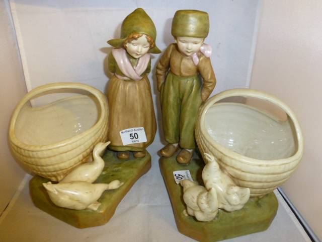 Two Royal Dux figures of children with geese and a large basket