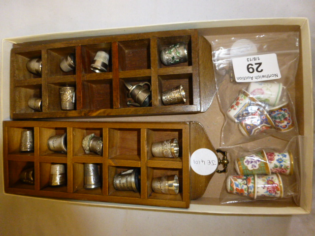 Box of thimbles and two stands including eight Royal Worcester and two silver examples