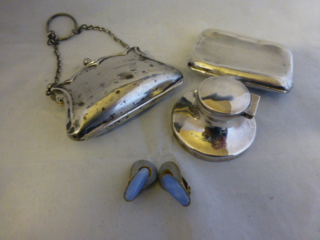 Bag of silver items including inkwell, purse and cigarette case