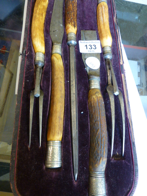 Cased horn handled four piece carving set