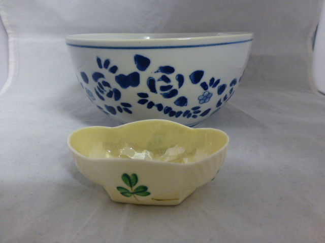 Oriental blue and white bowl 15cm diameter and Belleek China pot 8cm wide