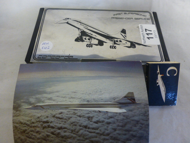 British Airways Concorde metal box, match box and postcard