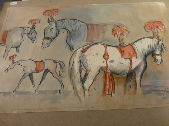 Sketch of circus horses in the style of Laura Knight