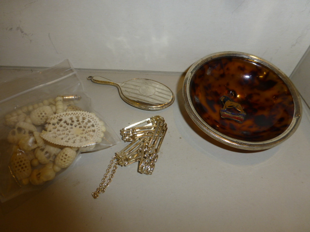 Bag of mixed items including ivory necklace and silver rim tortoiseshell dish from British Empire