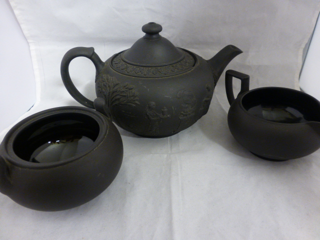 Three piece Wedgwood black basalt tea service