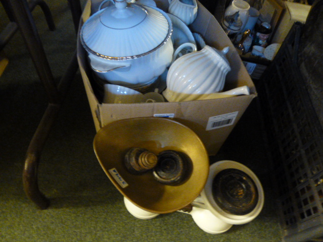 Scales, weights and a box of ceramics