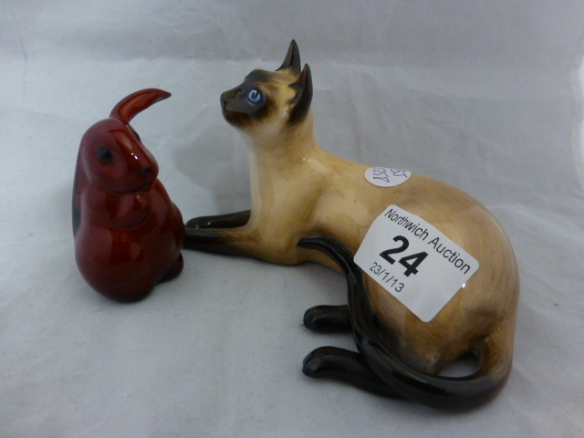 Royal Doulton flambe rabbit and a Royal Doulton siamese cat reclining, second