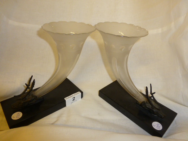 Pair of etched glass cornucopia vases on marble bases with deer head mounts