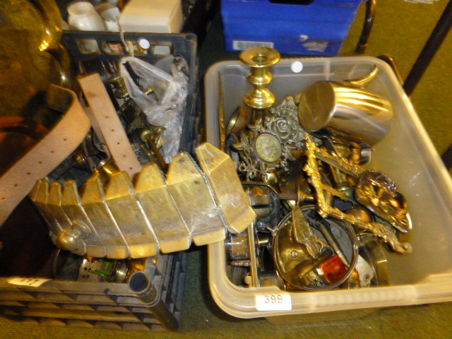 Two boxes of mixed metalware etc
