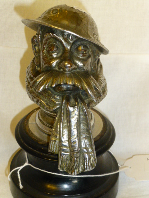 Chrome on bronze bust of Owd Bill by Bruce Bairnsfather, reg no. 669204 on stand 17cm tall
