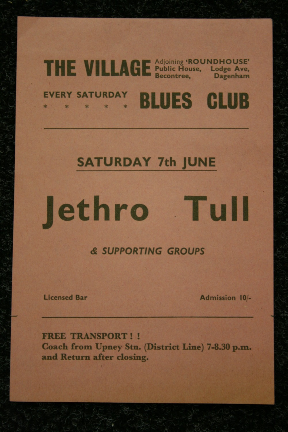 JETHRO TULL - handbill for Jethro Tull at The Village Blues Club, Dagenham for Saturday 7th June