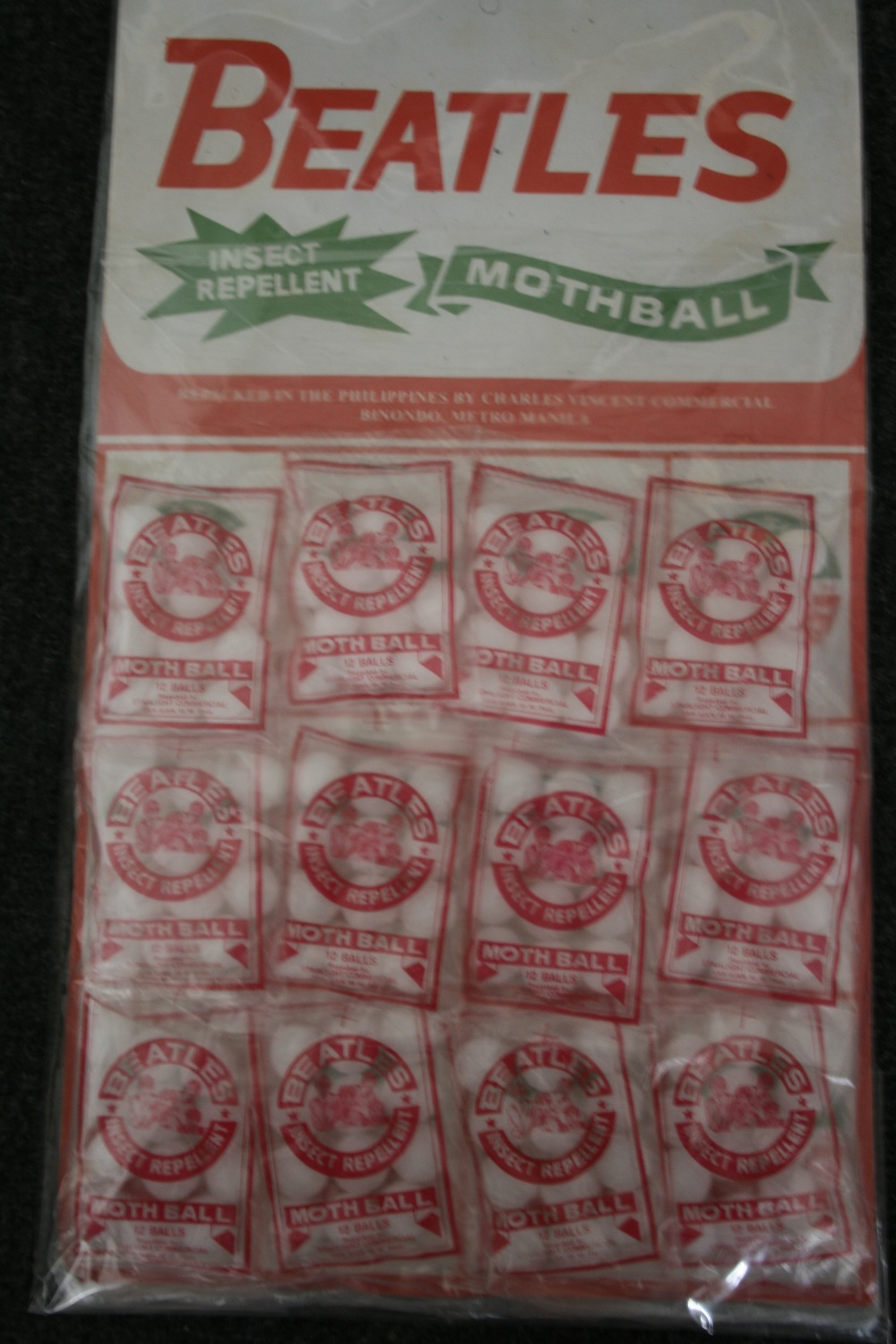 THE BEATLES - Set of 12 packs of insect repellent mothballs attached to the original shop