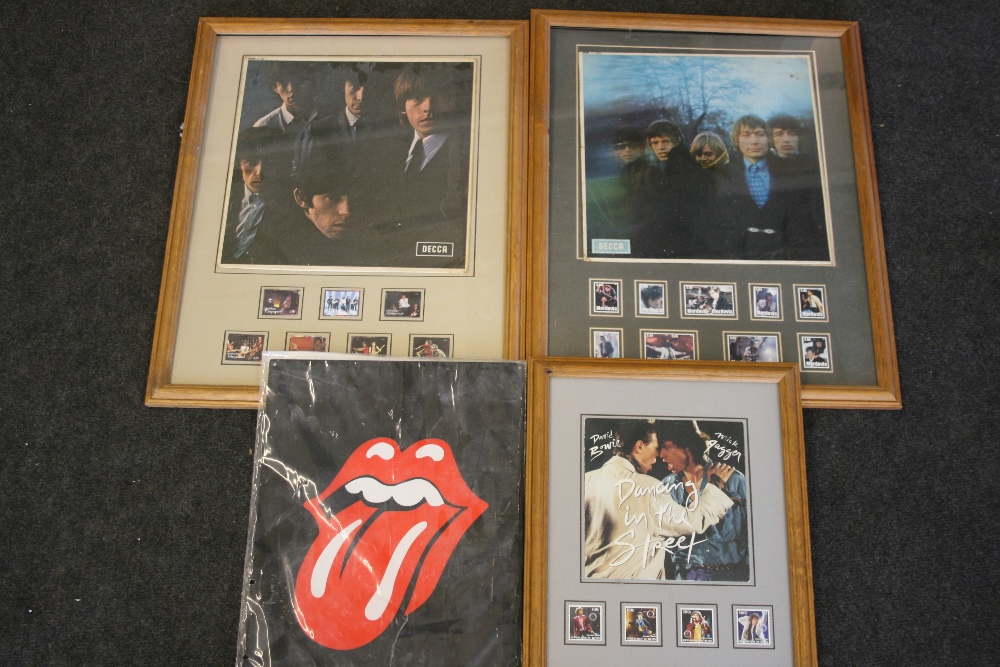 THE ROLLING STONES - Collection of 3 framed record sleeves & stamps, to include a 7`` `Dancing in