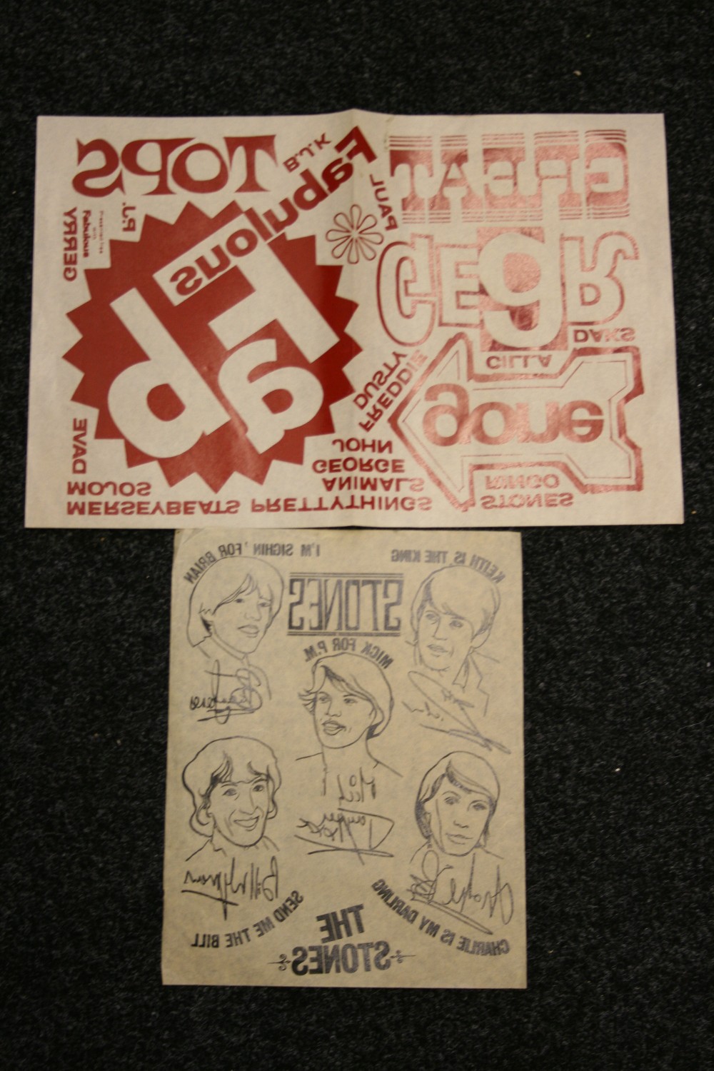 BEATLES / ROLLING STONES - 2 x sheets of transfers to include 1 x Rolling Stones with sketched