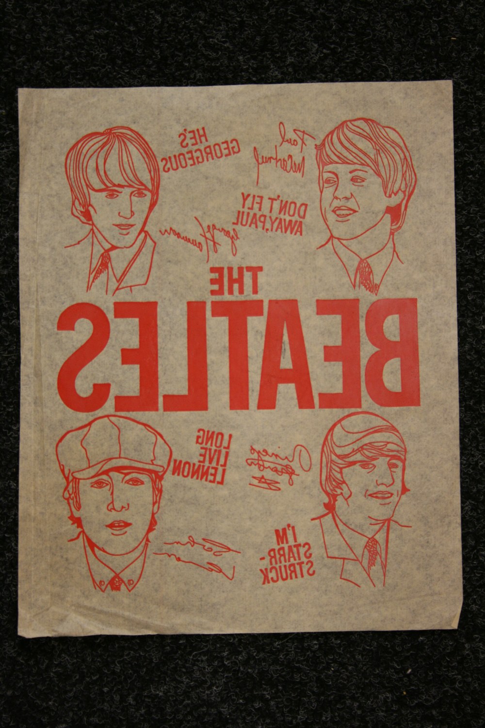 BEATLES - 1 x sheet of transfers in red ink with sketched images and signatures, in very good