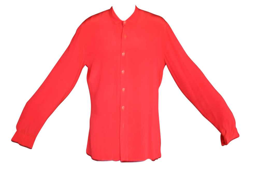 YES - CHRIS SQUIRE - 1 x long sleeved red crepe satin shirt, worn by Chris Squire when touring with