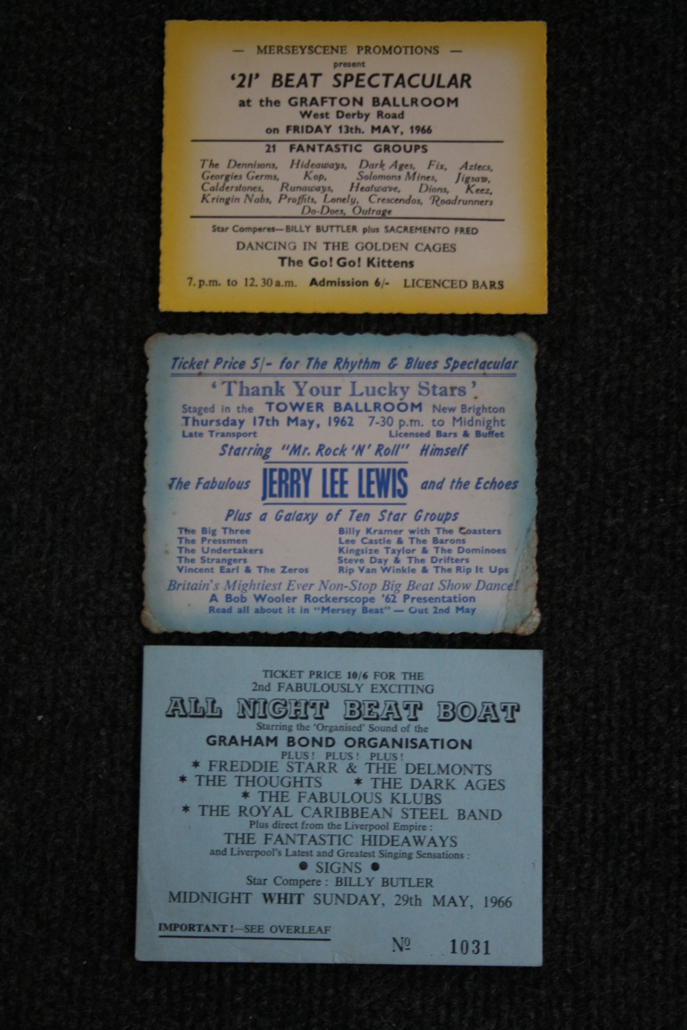 MERSEYBEAT TICKETS - collection of 3 x Merseybeat tickets from 1962 and 66 to include Jerry Lee