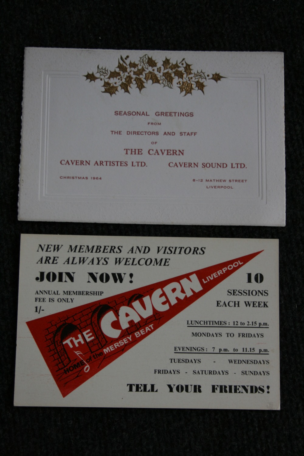 CAVERN CLUB - two promotional cards from the Liverpool club to include a Seasonal Greetings card