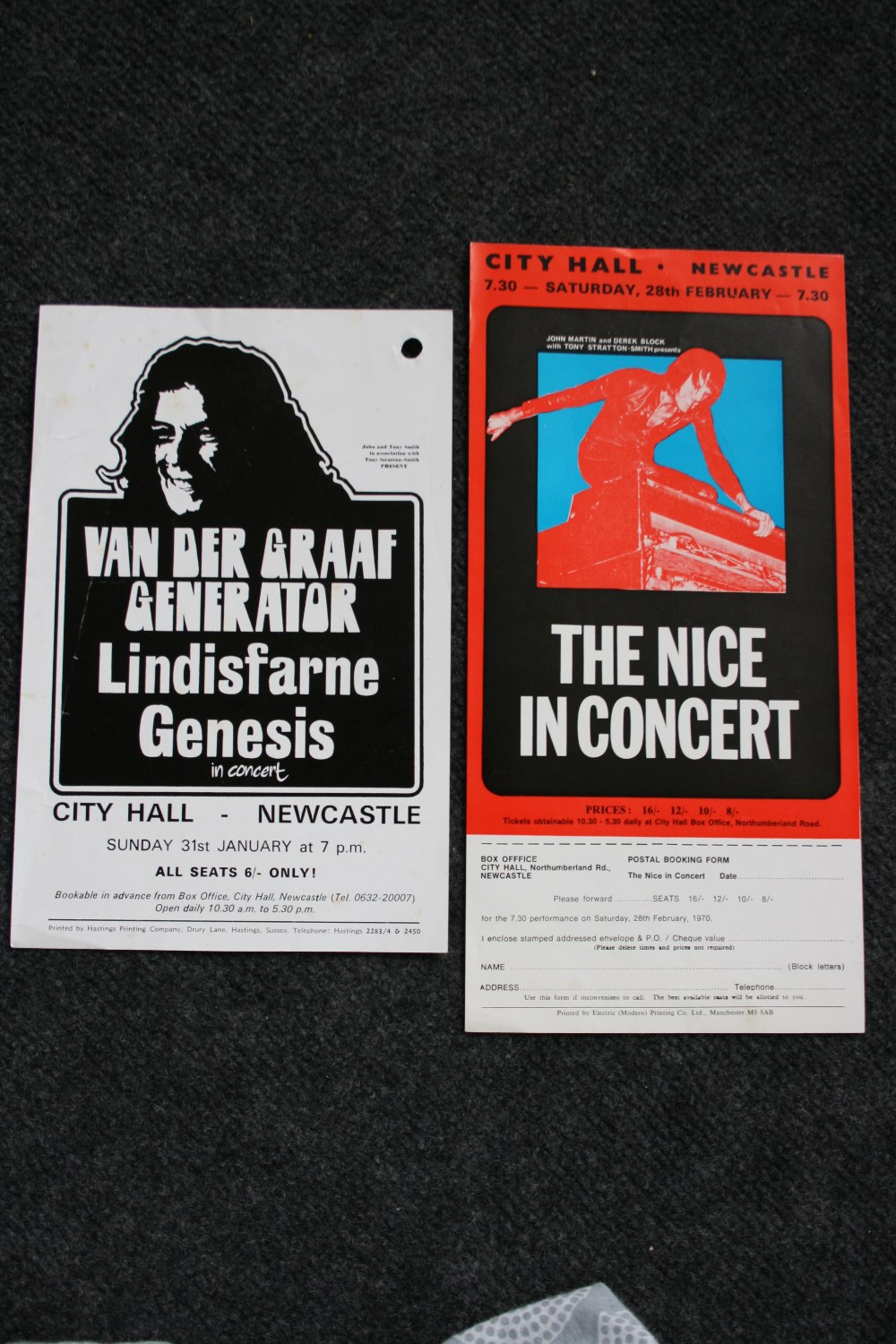 GENESIS, THE NICE, VAN DER GRAAF - two handbills / flyers to include one for performance at