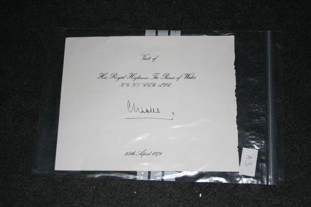 PRINCE OF WALES - signed guest page dated 25th April 1979, signed `Charles` in black ink.   The