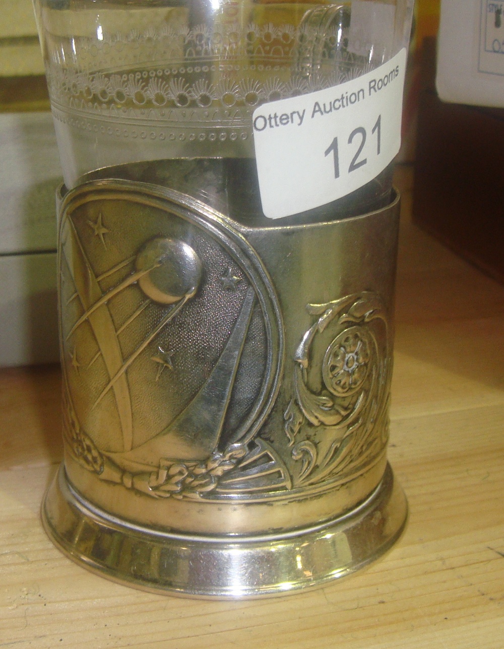 Russian silver plated commemorative Sputnik toddy holder with cut glass