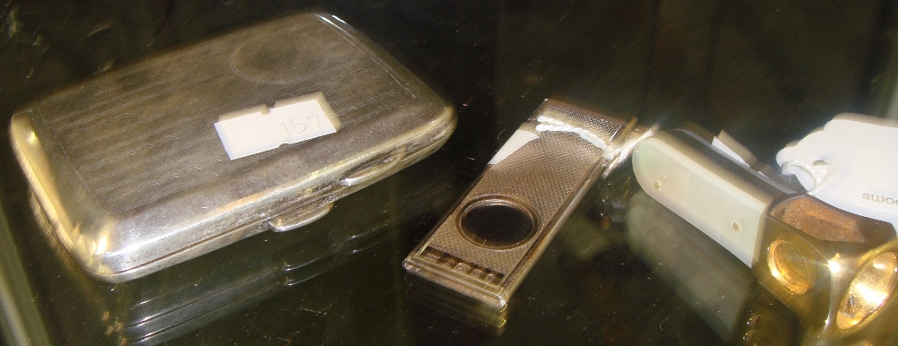 Silver cigarette case Chester, silver cigar cutter Birm. 99g and one other gold plated cigar