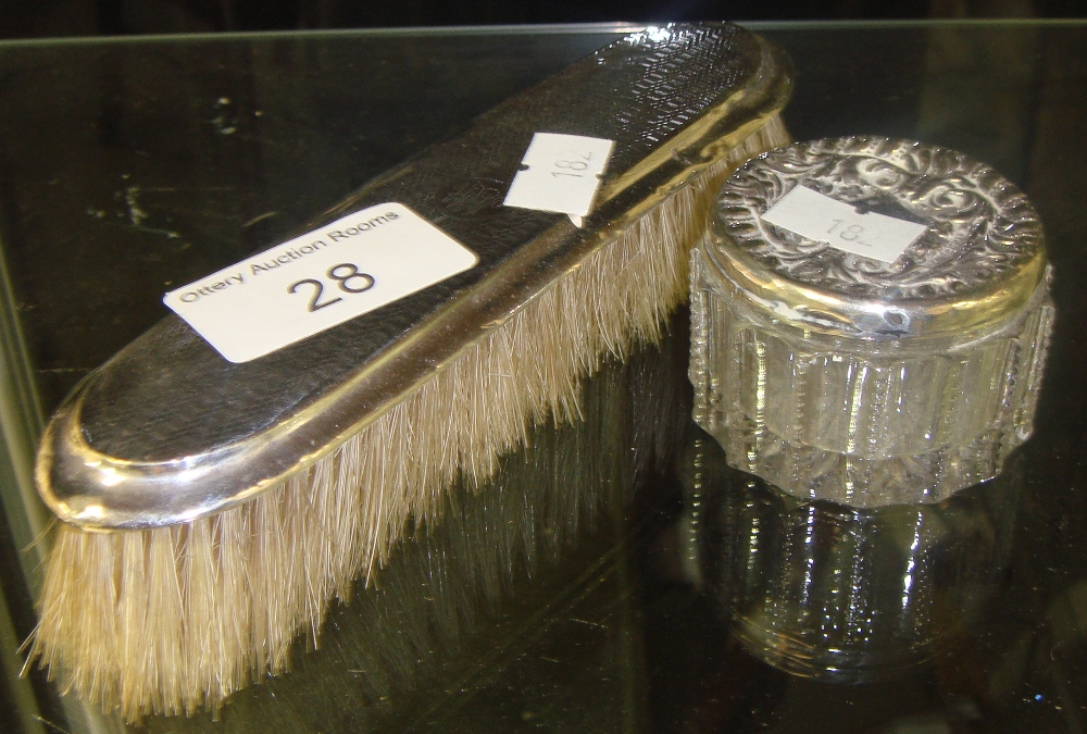 Silver back dressing table brush and cut glass and silver top jar