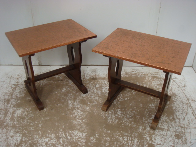 Pair of Copper Plenished Top Oak Side Occasional Chairs