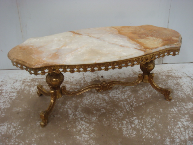 Gilt Metal Base Coffee Table with Shaped Onyx Top