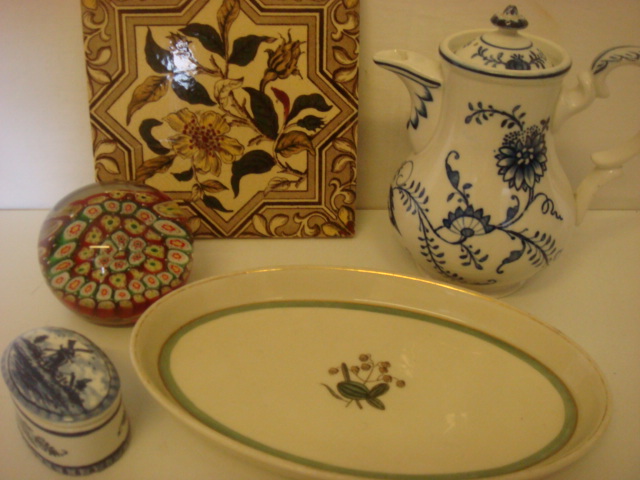 Victorian Tile, Copenhagen Pin Tray, Chocolate Pot, Paper Weight & Delft Pot