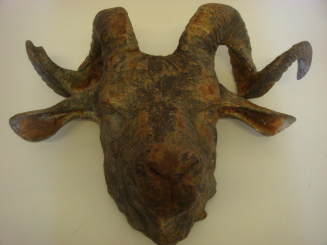 Gilded Cast Iron Wall Mounted Full Size Rams Head with Horns