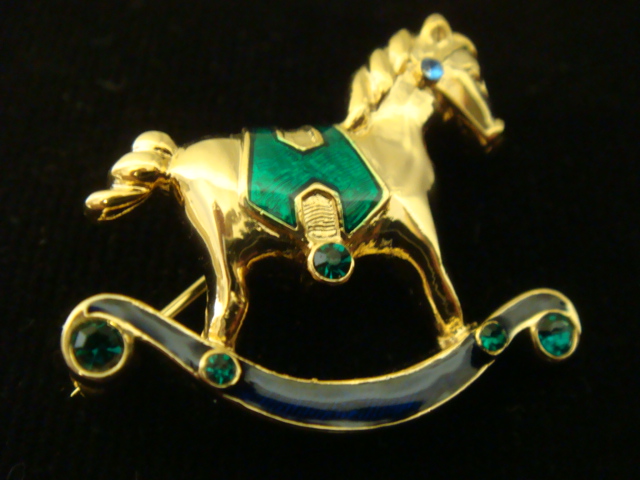 Enamelled Blue and Green Rocking Horse Brooch Set with Stones