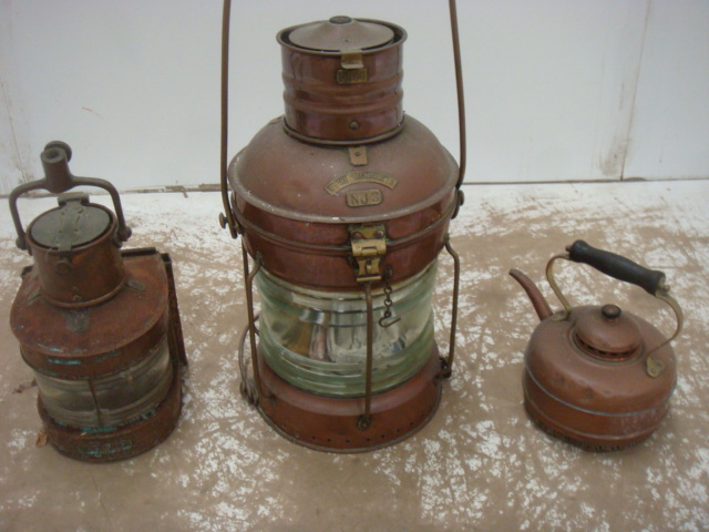 Antique Copper Hanging Ships Lantern Plus One Other & Kettle