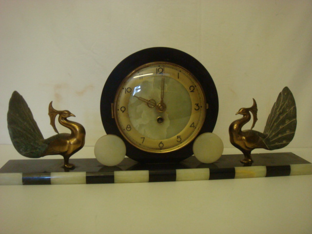 Art Deco Black Marble Green & Onyx Mantle Clock with Gilt Peacocks