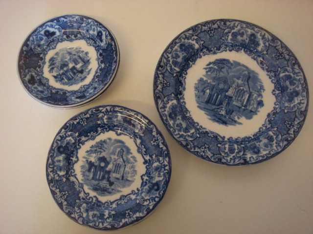 George Jones Blue & White Abbey Desert Plate, Six Side Plates & Three Saucers