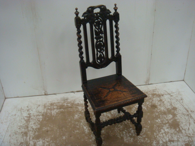 Victorian Oak Single Chair with Carved Seat & Barley Twist Back Supports