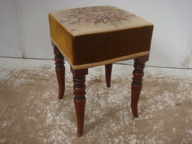 VICTORIAN SQUARE TOP EMBROIDERY STOOL ON TURNED TAPPERED LEGS