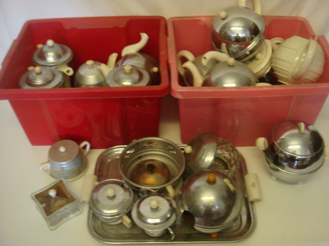 Large Quantity of Chrome Insulated Tea & Coffee Pots, Jugs & Sugar Bowls