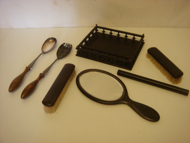 Ebony Tray + Brush Set + Pair of Vintage Salad Servers