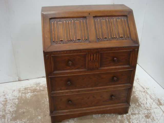 Linen Fold Oak Fall Front Bureau with Fitted Interior