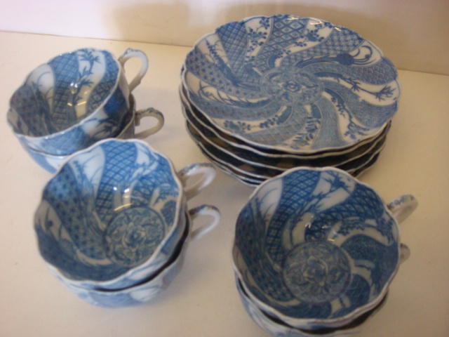 Six Japanese Imari Blue & White Cups & Saucers