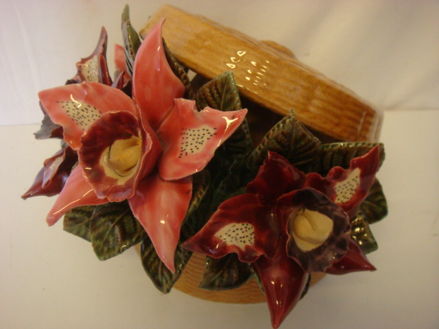 Majolica Glazed China Basket of Flowers