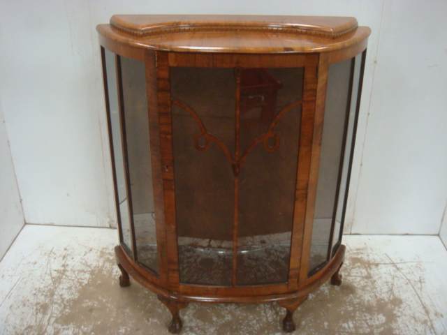 Art Deco Bow Front Walnut Display Cabinet