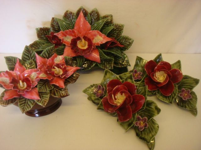 Pair of Majolica Glazed China Flower Displays & Two Others