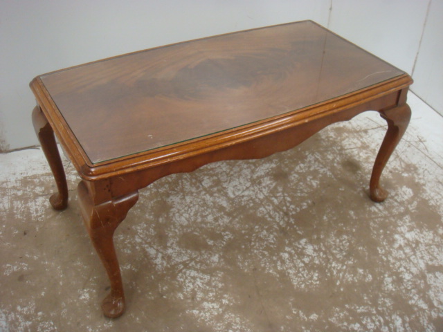 Flame Mahogany Top Coffee Table + Upholstered Top Stool