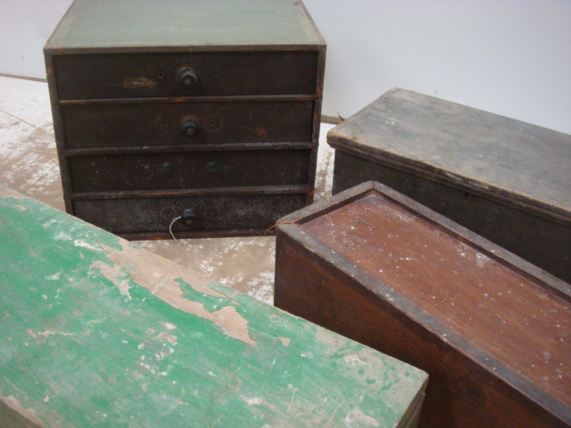 Two Wooden & Metal Collectors Drawers + Three Boxes
