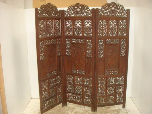 Traditional Indian Carved Teak Three Section Folding Screen with Carved Panels