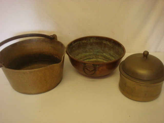 Antique Cooper Cooking Pan + Bowl & Brass Covered Pot