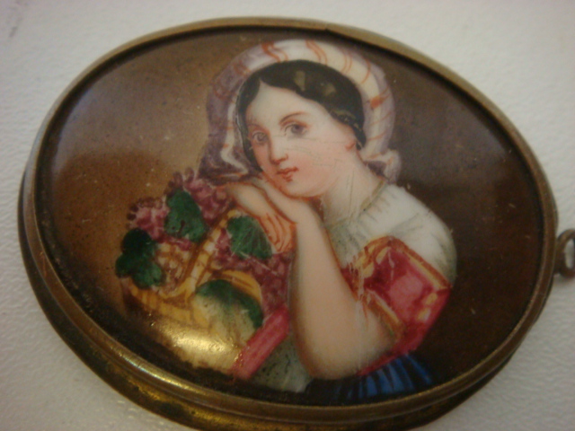 Miniature Hand Painted Porcelain Plaque Brooch of Girl